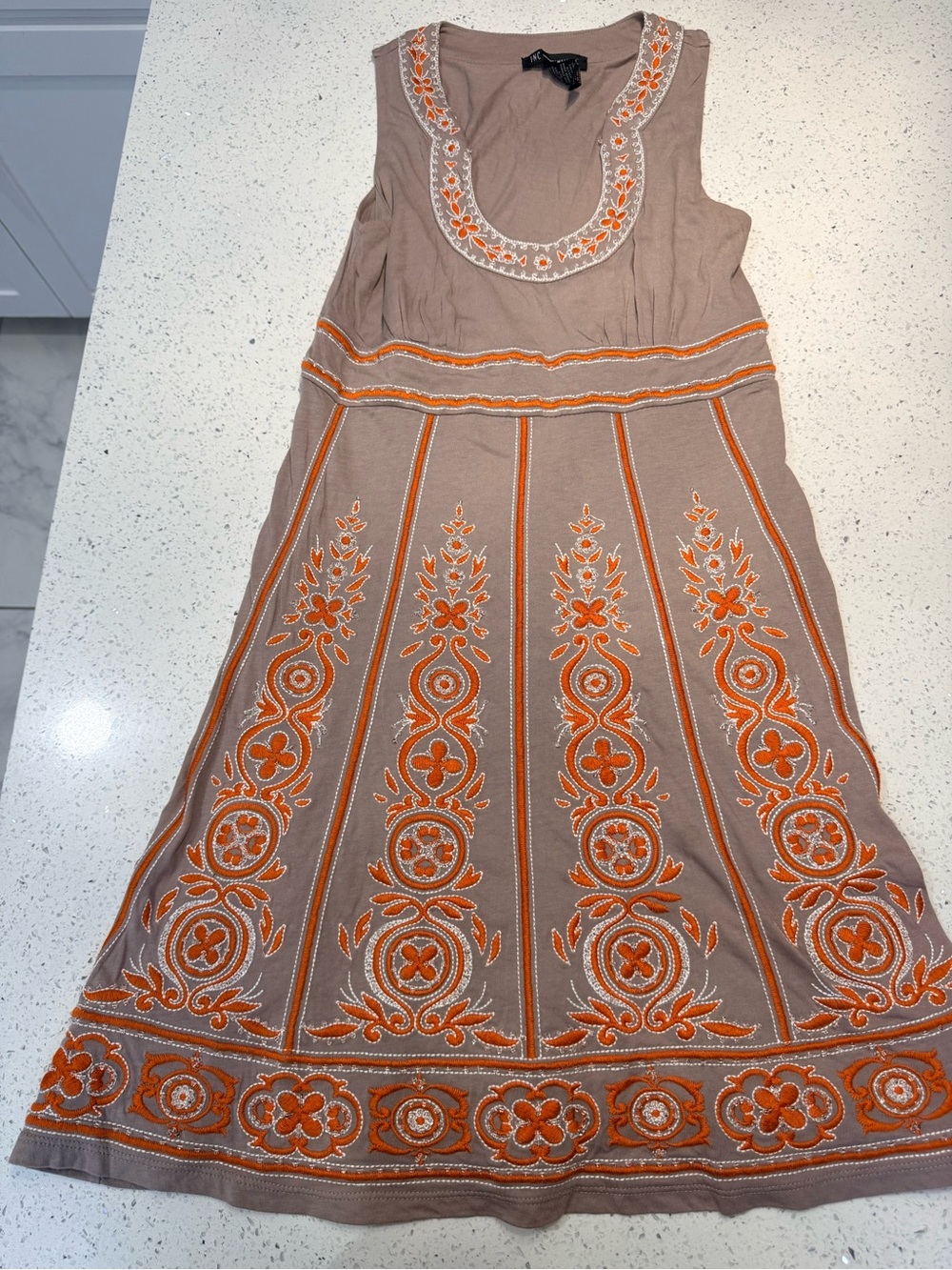 INC International Concepts Taupe Midi Dress with Orange Embroidery